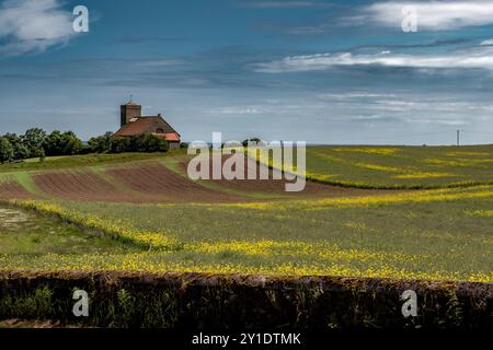 Ländliche Landschaft mit Old Church in Village St. Abbs in Berwickshire in Schottland, Großbritannien Stockfoto