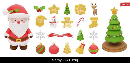 Set mit weihnachtlichen Elementen für Design. Weihnachtsdekoration Shop Tasche, Geschenkbox, Kegelspielzeug, weihnachtsbaum, Weihnacht Zuckerrohr, Schneekugel. Realistisch Stock Vektor