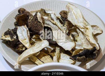 Rotkiefer-Matsutake-Pilz. Ungekocht, auf einer weißen Platte auf einem isolierten Hintergrund Stockfoto