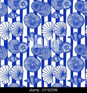 Modernes Cottage am Strand im rustikalen Muschelblock-Muster im Stil des Sealife Beach. Azurblaues weißes Muschelmotiv mit Leinennägeln Stockfoto