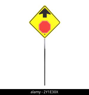 Ein leuchtend gelbes Diamantzeichen hat ein rotes Stoppsymbol unter einem Aufwärtspfeil. Stockfoto