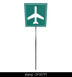 Ein grünes Schild auf der Start- und Landebahn des Flughafens mit einem weißen Flugzeugsymbol steht hoch vor dem blauen Himmel. Stockfoto