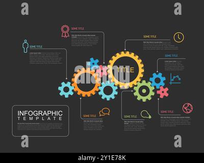 Mehrzweck-Infografik-Berichtsvorlage aus Zahnradsymbolen und Beschreibungen. Infochart-Vorlage für Motor oder Radmechanismus mit Farbrad Stock Vektor