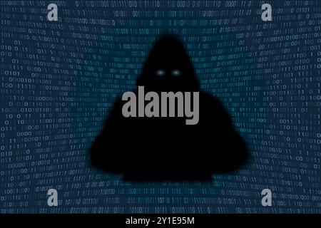 Hacking-Illustration. Hacker im Hoodie am Laptop Stock Vektor