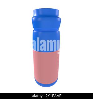Eine moderne isolierte Flasche mit leuchtendem blauem Oberteil und rosafarbenem Unterteil. Stockfoto