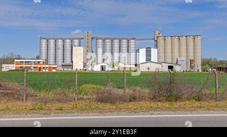 Sabac, Serbien - 4. April 2024: Getreidesilo Lagerung Landwirtschaft Lagermühlen Industriegebäude DPS Klas Group MSC Company Debrc. Stockfoto