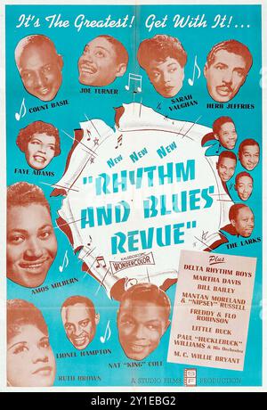 Rhythm and Blues Revue Filmposter von Count Basie, Joe Turner, Sarah Vaughan, Nat King Cole und Amos Milburn. Stockfoto