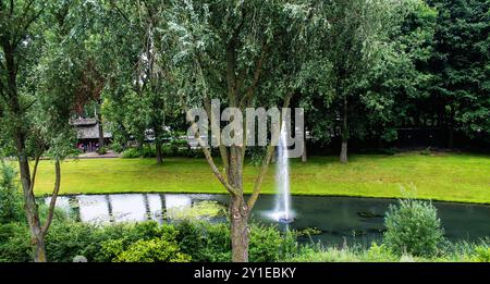 Eine ruhige Parkszene mit einem Teich mit einem Brunnen, umgeben von üppigem Grün und Bäumen. Die Gegend ist friedlich, ideal zum Entspannen und Spazieren in der Natur Stockfoto