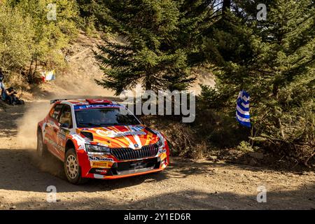 49 CETINKAYA Burcu, PONS Fabrizia, Skoda Fabia Evo Rally2, Aktion während der Akropolis Rallye, Griechenland. , . WRC World Rallye Car Championship, vom 1. Bis 4. September 2024 in Lamia, Griechenland - Foto Nikos Katikis/DPPI Credit: DPPI Media/Alamy Live News Stockfoto