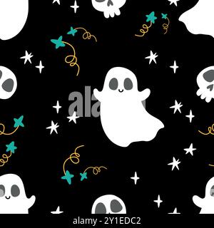 Das Halloween-Geistermuster zeigt einen flachen Stil mit verschiedenen ikonischen Elementen. Niedliches Vektorornament mit schwarzem Hintergrund. Nahtlose Textur perfekt für Sie Stock Vektor