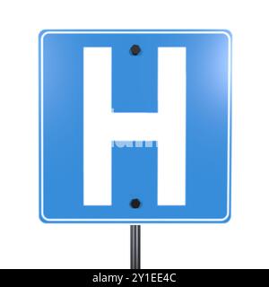 Ein klares blaues Schild mit einem großen weißen Buchstaben H, um ein Krankenhaus anzuzeigen. Stockfoto