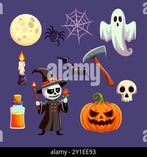 Halloween-Set mit Elementen und Charakteren. Hexenkürbis Geisterspinnen Skelett Mondkerze Fledermausaxt. Stock Vektor