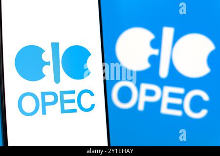 In dieser Fotoabbildung wird das Logo der Organisation der Erdöl exportierenden Länder (OPEC) auf einem Smartphone-Bildschirm angezeigt. Stockfoto