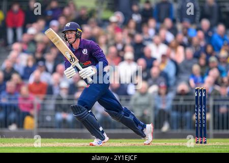 Der schottische Brandon McMullen beim zweiten T20-Spiel zwischen Schottland und Australien im Grange Club, Edinburgh. Bilddatum: Freitag, 6. September 2024. Stockfoto