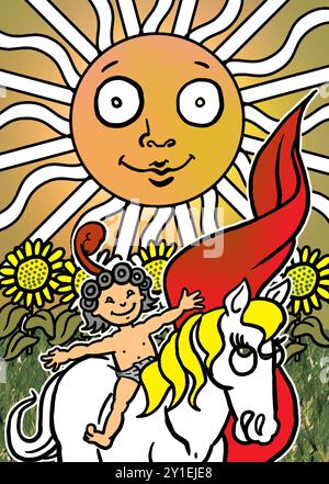 Kunst illustriert Tarotkarte die Sonne (XIX) fröhliches Kind reitet auf weißem Pferd, umgeben von Sonnenblumen, und sonnt sich im Licht einer strahlenden Sonne. Stockfoto