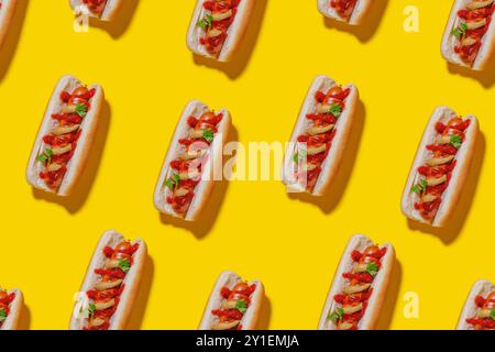 Ein nahtloses, auffälliges Muster mit Hot Dogs auf einem hellgelben Hintergrund. Die Hot Dogs sind mit saftigen Würstchen eingebettet dargestellt Stockfoto