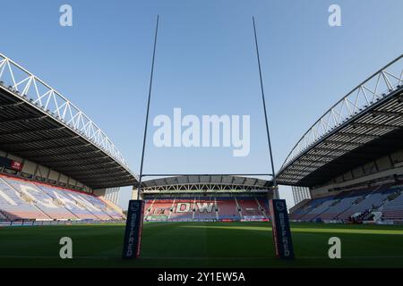 Wigan, Großbritannien. September 2024. Eine allgemeine Ansicht des Brick Community Stadions vor dem Spiel Wigan Warriors vs Hull KR in der Betfred Super League Runde 25 im Brick Community Stadium, Wigan, Vereinigtes Königreich, 6. September 2024 (Foto: Cody Froggatt/News Images) in Wigan, Vereinigtes Königreich am 6. September 2024. (Foto: Cody Froggatt/News Images/SIPA USA) Credit: SIPA USA/Alamy Live News Stockfoto