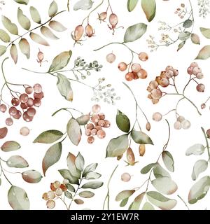 Nahtloses Aquarellmuster mit Herbstbeeren. Hintergrund mit Zweigen, mit Blättern für Stoffe, Teeverpackungsdesign, Etikett. Stockfoto