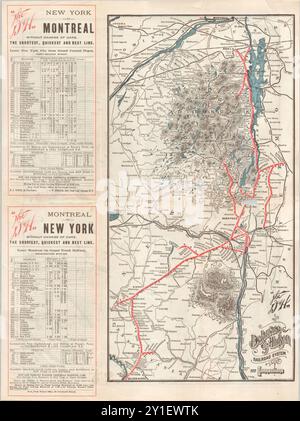 Alte Eisenbahnkarte. Das Delaware & Hudson Raildoad System im Bundesstaat New York, mit Fahrplan von New York nach Montreal, D&H, Train, 1897 Stockfoto