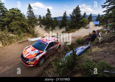 49 CETINKAYA Burcu, PONS Fabrizia, Skoda Fabia Evo Rally2, Aktion während der Akropolis Rallye, Griechenland. , . WRC World Rallye Car Championship, vom 1. Bis 4. September 2024 in Lamia, Griechenland - Foto Nikos Katikis/DPPI Credit: DPPI Media/Alamy Live News Stockfoto