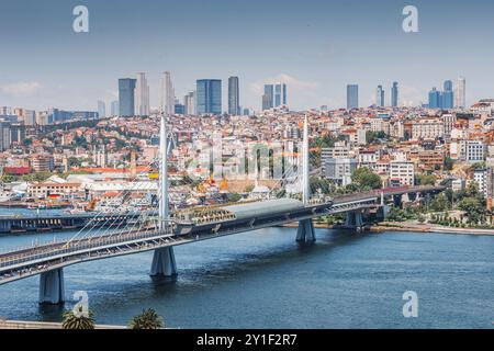 Ein Blick aus der Vogelperspektive auf Istanbul mit der berühmten Brücke, historischen Moscheen und einer lebhaften Stadtlandschaft. Stockfoto