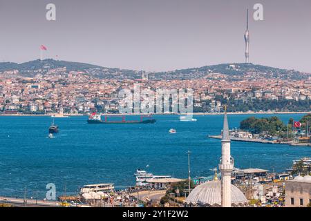 8. Juli 2024, Istanbul, Türkei: Ein atemberaubender Blick aus der Luft auf Istanbul mit dem Bosporus und historischen Moscheen mit riesigen Minaretten. Stockfoto