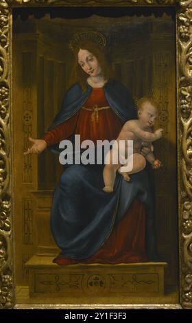 Pseudo Boltraffic. Name eines unbekannten Malers der Lombardenschule, der zwischen 1500 und 1530 in Mailand tätig war. Madonna throned with Child, 1510-1515. Öl auf Holzplatte. Pinacoteca Castello Sforzesco, Mailand, Italien. Stockfoto