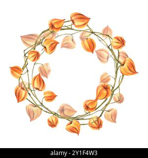 Herbstorange Physalis-Beeren an Zweigen trockene, blattlose getrocknete Blüten. Handgezeichnete Illustration mit Aquarell. Runder Kränzrahmen für Text Stockfoto