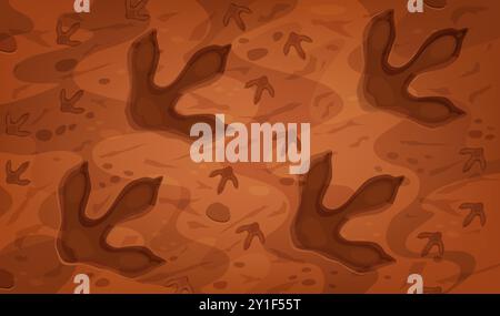Dinosaurier-Fossilienspuren der prähistorischen Zeit. Zeichentrickvektor-Hintergrund mit alten Dino Reptil Tier Pfotenabdrücken, Trail-Eindruck auf dem Boden. Archäologische und paläontologische Funde aus der jurassischen Zeit Stock Vektor