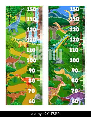 Kinderhöhenrecherchen mit prähistorischen Dinosauriern. Vektor-Wachstumsmesser, Wandaufkleber Skala für Kinder Höhenmessung mit lustigen alten Dino Reptil Tier Charaktere im tropischen Wald Stock Vektor