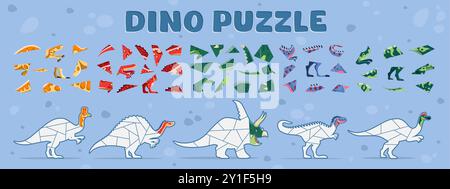 Prähistorischer Dinosaurier Tier Puzzle Labyrinth Spiel. Lehrreiches Vektor-Arbeitsblatt und unterhaltsame Aktivität für Kinder mit verstreuten Dino-Formen und Teilen, die zu kompletten Figuren zusammengefügt werden können Stock Vektor