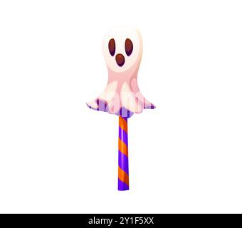 Cartoon Halloween-Geisterlutscher oder Kuchen-Pop. Vektorbonbons und Dessertessen von Helloween Trick or Treat Night Party. Horror-Geister oder Süßigkeiten in Phantom-Form auf gestreiftem Stock, Halloween süßes Essen Stock Vektor