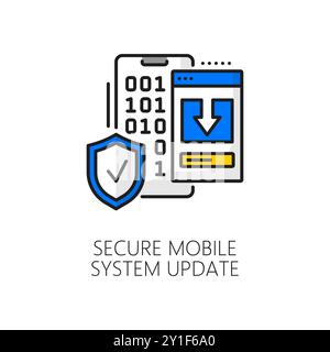 Symbol für die Farblinie für das Update der Software für sicheres mobiles System. Aktualisierung des Mobiltelefontreibers, der Smartphone-Softwaretechnologie oder des System-Updates, Symbol für den Zeilenvektor mit Smartphone, Binärcode und Abschirmung Stock Vektor