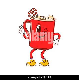 Cartoon groovige Weihnachtsbecherfigur mit Marshmallow. Isolierte Vektor-rote Becher-Persönlichkeit mit fröhlichem Augenzwinkern genießt die festliche Jahreszeit mit Kakaodrink, Zuckerrohr und verspielter Feiertagsstimmung Stock Vektor