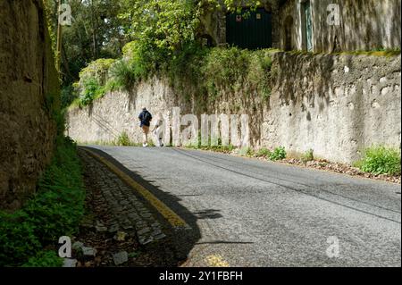 Touristenpaar, das auf einer ruhigen Straße in Sintra bergauf geht Stockfoto