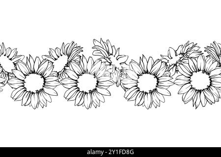 Nahtloser Rand mit Sonnenblumen. Hand zeichnen Sketch Stift und Tinte Vintage Vektor Illustration auf weißem Hintergrund. Botanische grafische Gravur Stock Vektor