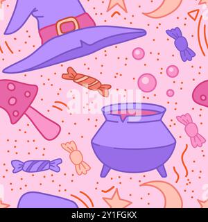 Nahtloses Halloween-Muster. Hexenkessel mit Trank, Süßigkeiten Stock Vektor