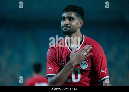 Kairo, Ägypten. September 2024. Ägypten. Kairo - 6. September 2024 - Ibrahim Adel von Ägypten feiert, nachdem er beim Afrika-Cup-Qualifikationsspiel zwischen Ägypten und Kap Verde im Kairoer internationalen Stadion in Kairo, Ägypten, ein Tor geschossen hat.06.09.2024. Foto Mohammad Bayoumy für Fußball Bilder. Quelle: Sebo47/Alamy Live News Stockfoto