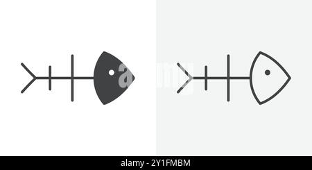 Fish Bone Icon Flat Outline Kollektion auf schwarzem und weißem Hintergrund Stock Vektor
