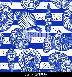Modernes Cottage am Strand im rustikalen Muschelblock-Muster im Stil des Sealife Beach. Azurblaues weißes Muschelmotiv mit Leinennägeln Stockfoto