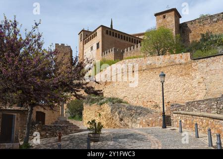 Historische Festung mit Steinmauern und blühenden Bäumen entlang eines gepflasterten Weges, Stiftskirche, Colegiata de Santa Maria la Mayor, Alquezar, Alqueza Stockfoto