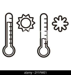 Vektorsymbol für kalte und heiße Temperaturen. Schwarze Kontur. Vektorillustration isoliert auf weißem Hintergrund. Stock Vektor