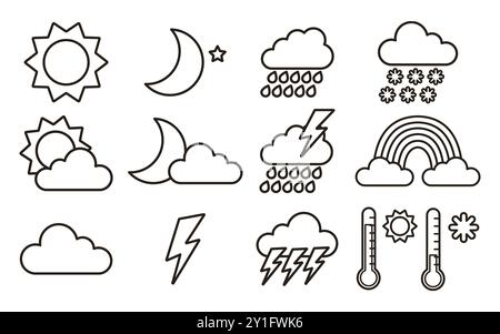 Vektorsymbol Wettersymbole. Schwarze Kontur. Vektorillustration isoliert auf weißem Hintergrund. Stock Vektor