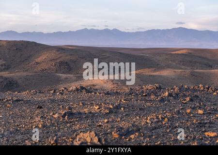 Atemberaubender Blick auf die schwarz-roten felsigen Berge mit einem Fluss auf dem Grund bei Sonnenuntergang in der sahara in marokko Stockfoto