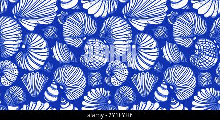 Modernes Cottage am Strand rustikale Muschelblöcke Muster Wohnkultur, Sealife Bannerstil. Azurblaues weißes Muschelmotiv mit nahtlosem Leinen-Batikmuster Stockfoto