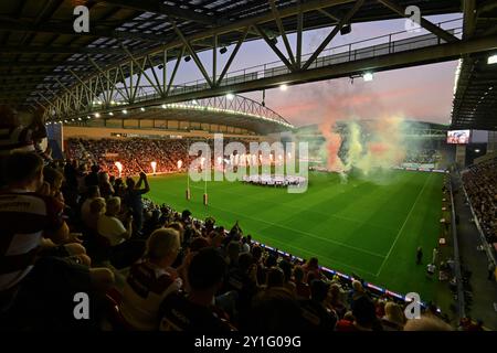 Wigan, Großbritannien. September 2024. Eine allgemeine Ansicht des Brick Community Stadions vor dem Spiel Wigan Warriors vs Hull KR in der Betfred Super League Runde 25 im Brick Community Stadium, Wigan, Vereinigtes Königreich, 6. September 2024 (Foto: Cody Froggatt/News Images) in Wigan, Vereinigtes Königreich am 6. September 2024. (Foto: Cody Froggatt/News Images/SIPA USA) Credit: SIPA USA/Alamy Live News Stockfoto