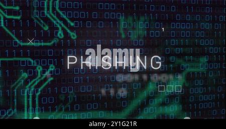 Phishing-Textbild über Binärcode und grüne digitale Muster Stockfoto