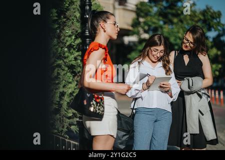 Geschäftsfrauen, die an einem sonnigen Tag eine Tagung im Freien abhalten, Dokumente überprüfen und Notizen machen Stockfoto