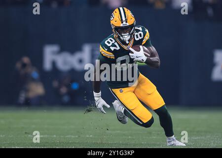 Sao Paulo, Brasilien. September 2024. SP - SAO PAULO - 09/06/2024 - NFL, PHILADELPHIA EAGLES VS GREEN BAY PACKERS - Romeo Doubs von den Green Bay Packers läuft mit dem Ball während des Spiels gegen die Philadelphia Eagles im Arena Corinthians Stadion zur Eröffnung der NFL-Meisterschaft. Foto: Ettore Chiereguini/AGIF Credit: AGIF/Alamy Live News Stockfoto