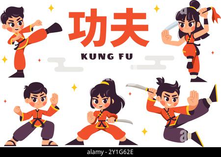 Chinesische Übersetzung: Kung Fu mit Menschen, die chinesische Kampfkünste in einem flachen Stil demonstrieren Cartoon Hintergrund Vektor Illustration Stock Vektor